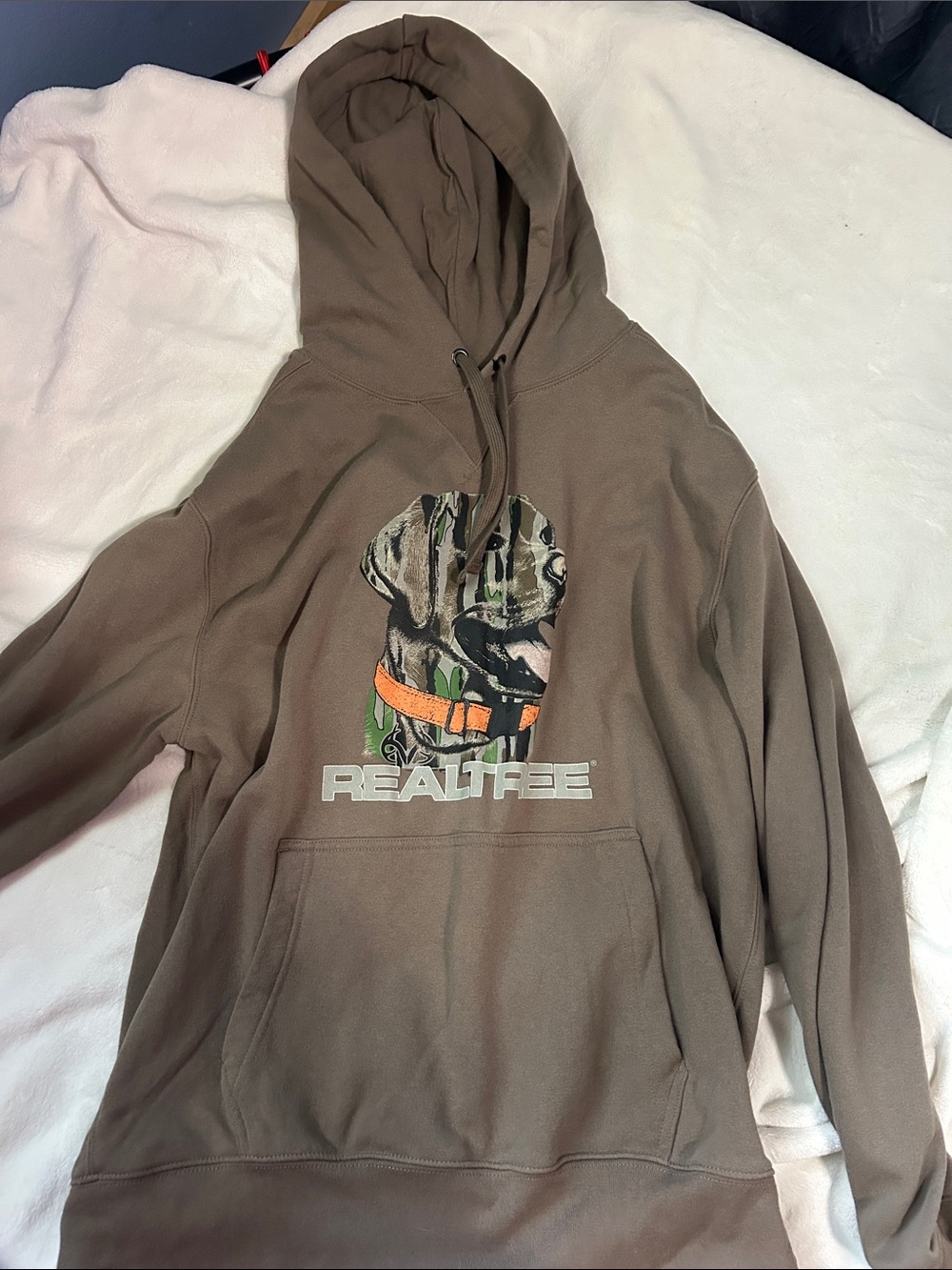 Realtree Men's Brown Crewneck Hoodie with Camo Dog Graphic